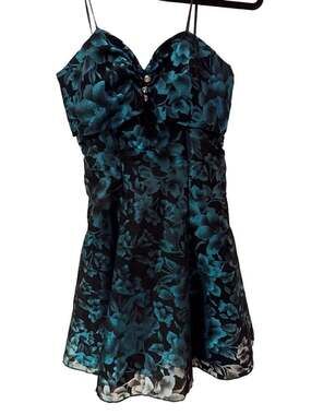 Michele Vincent Velvet Mini Dress Size 7/8 Black Teal Floral Prom Fairy Goth